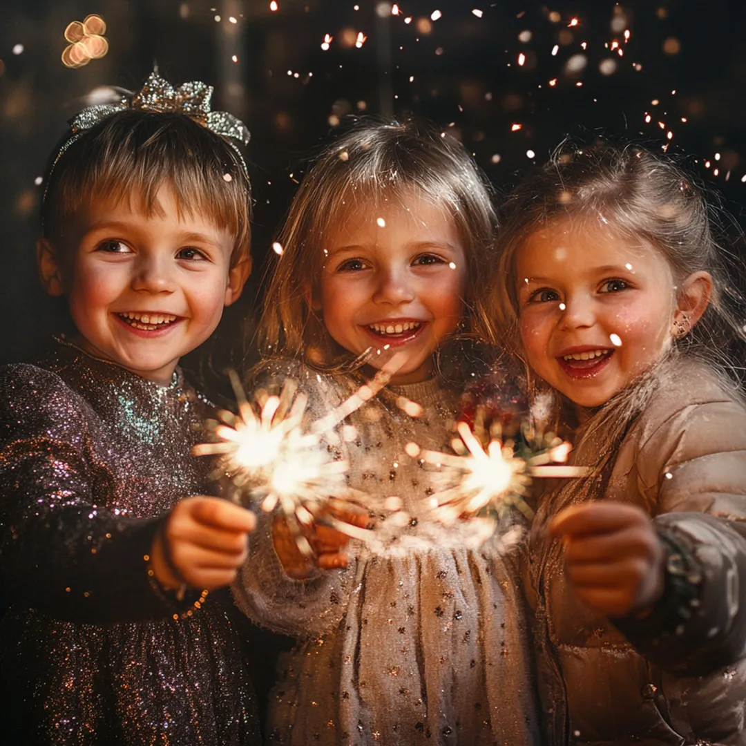 Drei Kinder mit Wunderkerzen an Silvester